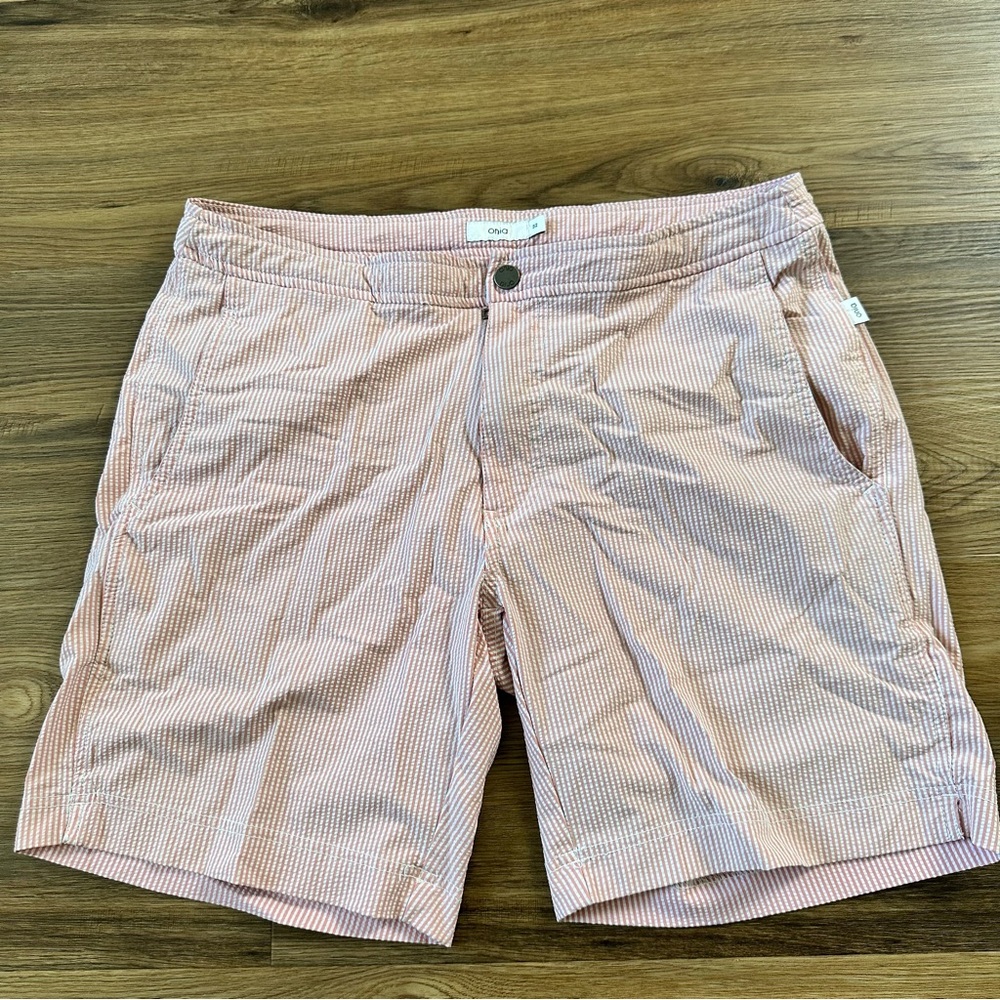 Onia Swim Trunks Mens 32 Pink White Stripe The Calder Textured Seer Sucker Lined